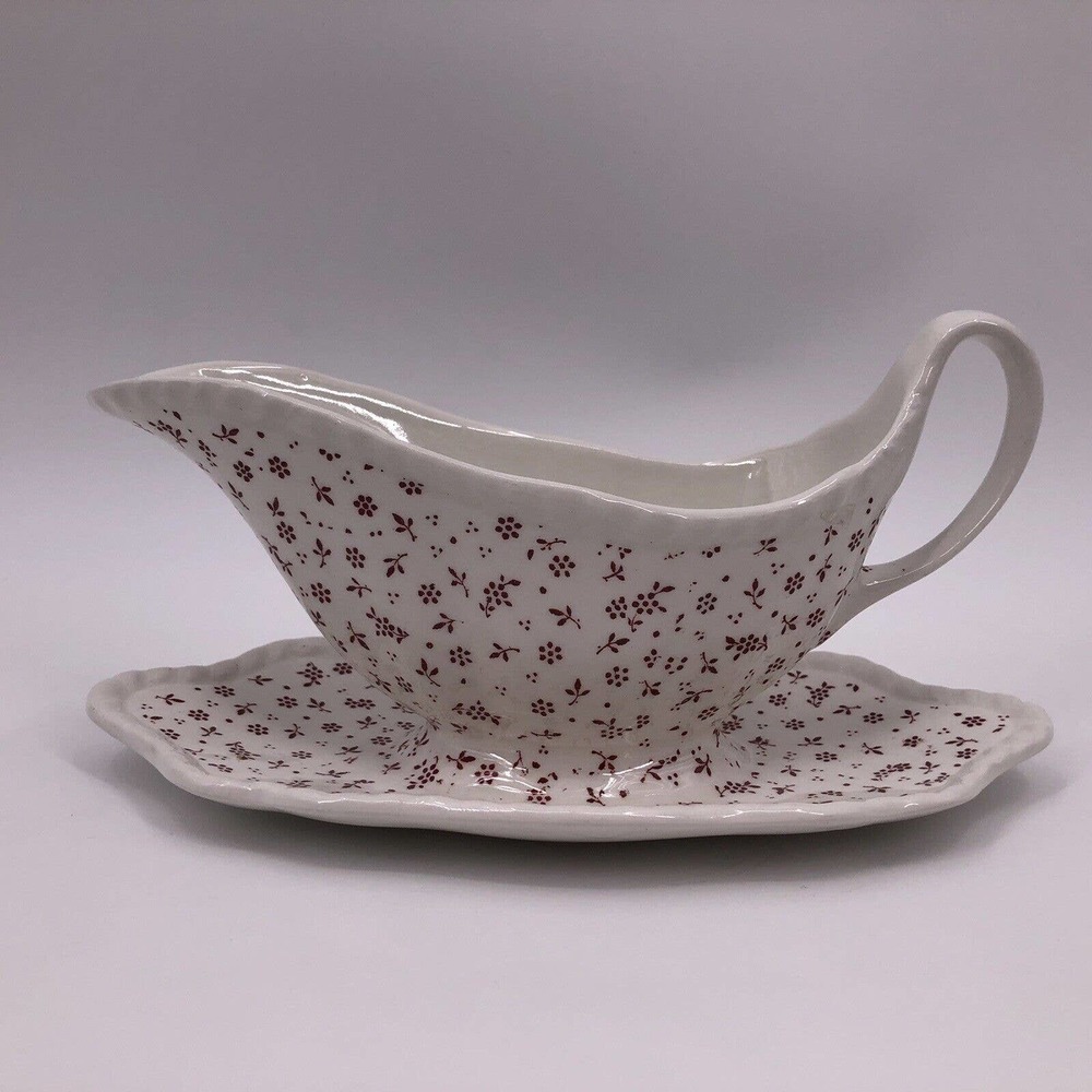 Gravy Boat w Attached Underplate Maroon Floral Adams English Ironstone Micratex